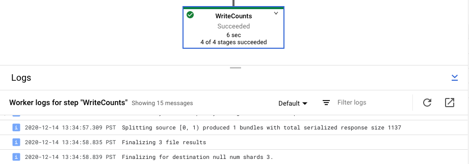 Grafik: Ein ausgewählter Pipelineschritt, in dem die Option „Schritt-Worker-Logs” hervorgehoben ist