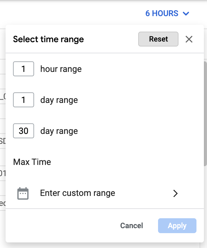 La herramienta de selección de tiempo te permite seleccionar un intervalo de tiempo con incrementos de hora y día, o un rango personalizado.
