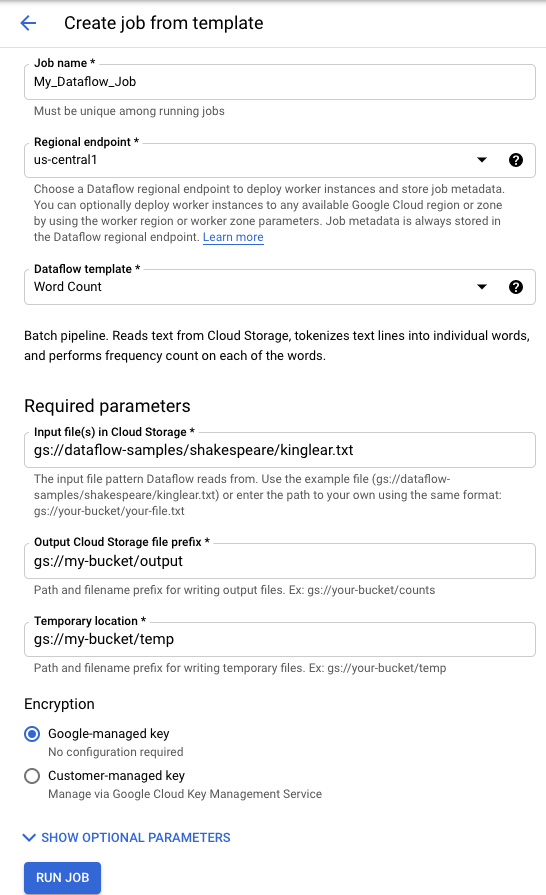 WordCount Template Execution Form