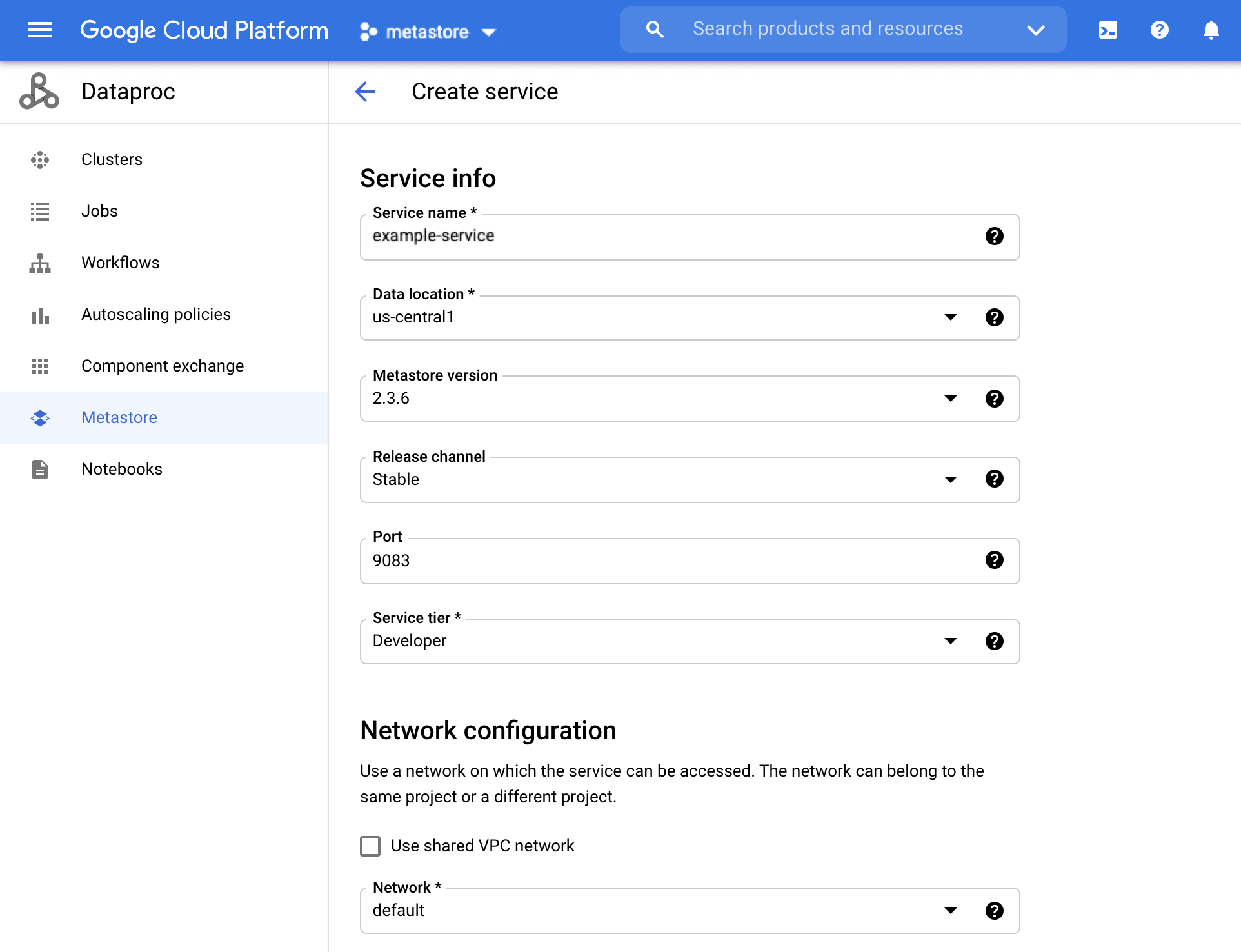 The Create service page.