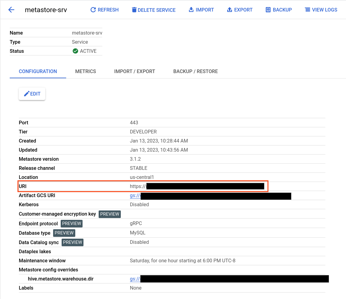 Dienstdetails-URL und hive.metastore.warehouse.dir-Werte