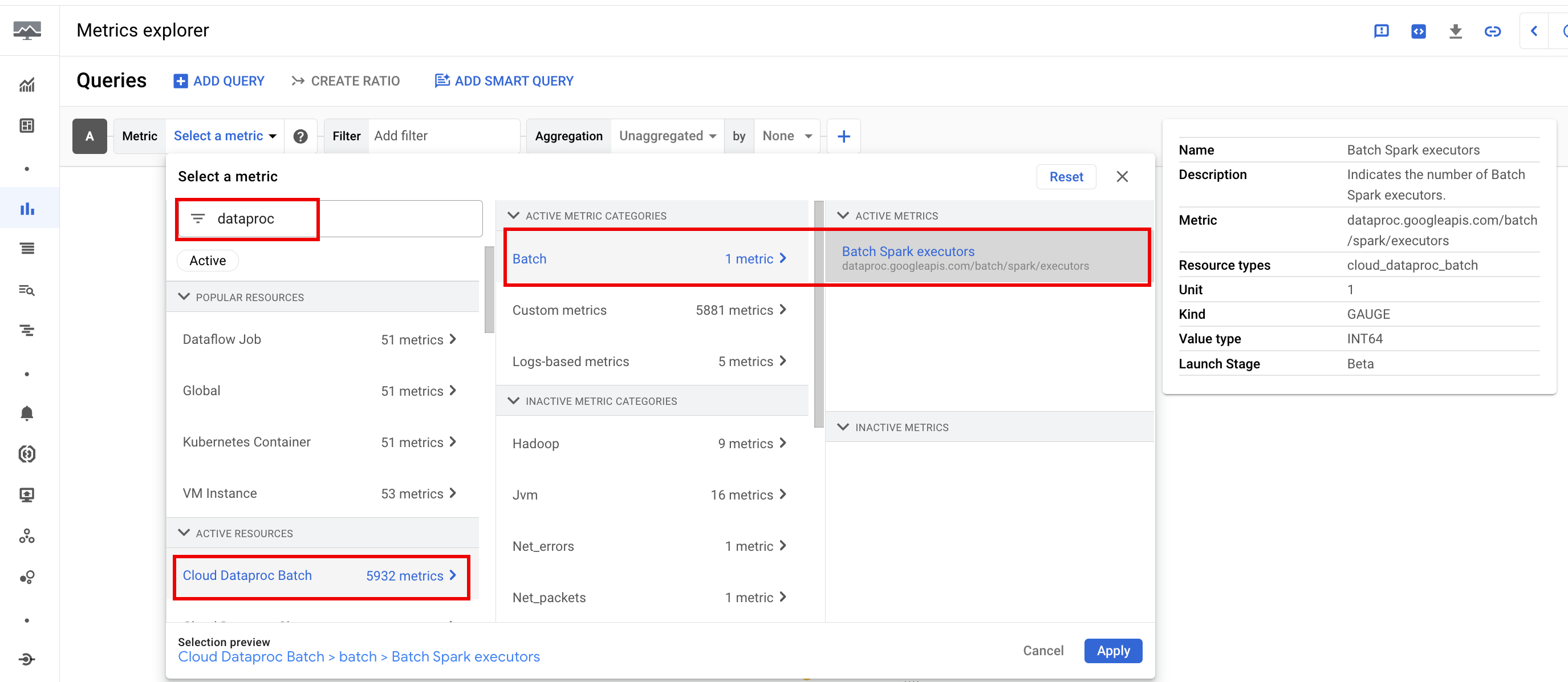 Contoh metrik batch di Metrics Explorer.