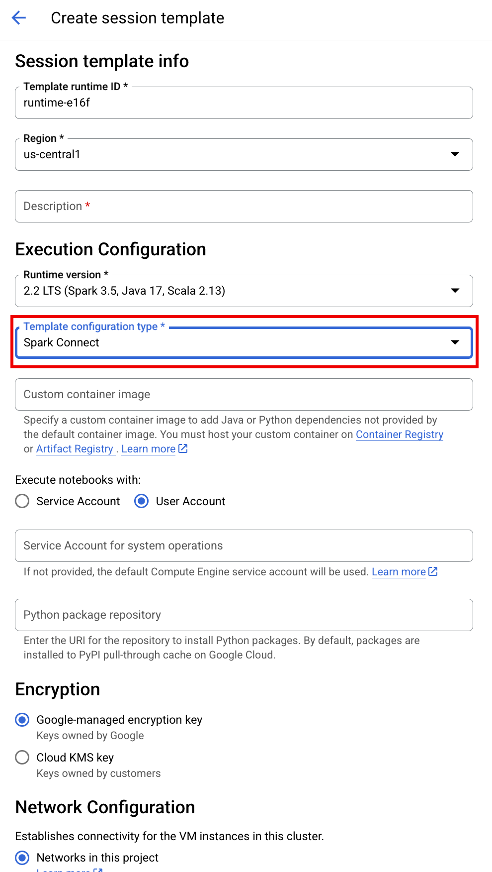 Spark Connect の必須設定を示すスクリーンショット。