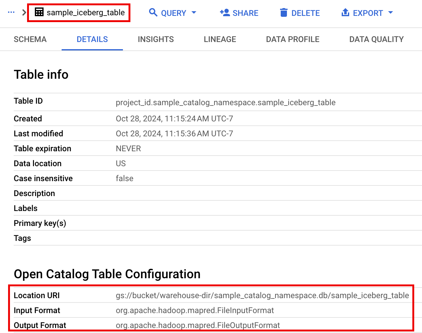 BigQuery 界面中列出的 Iceberg 表元数据