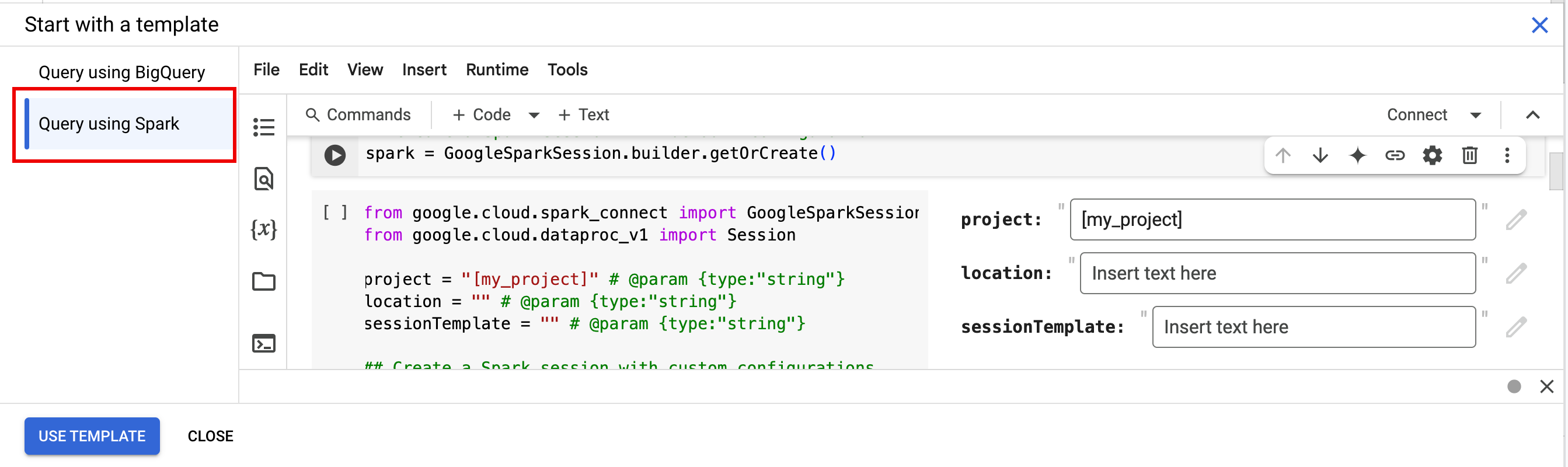BigQuery UI 選項，可從範本開始