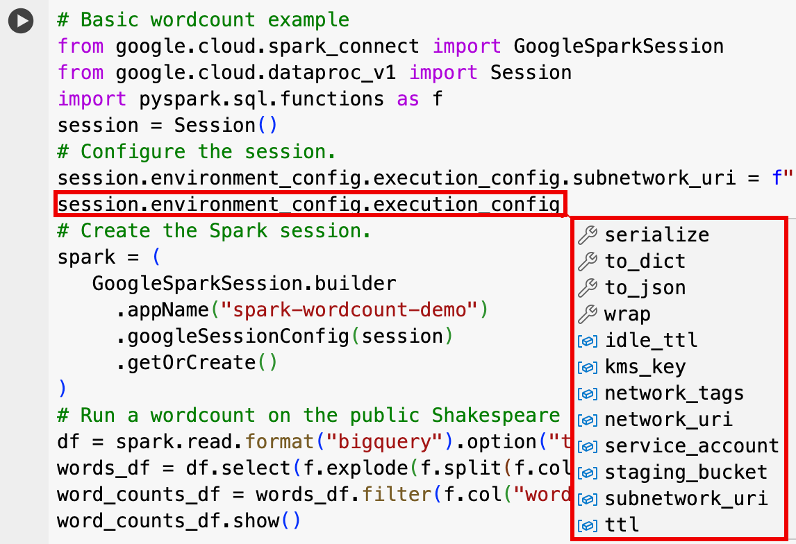 程式碼說明，顯示 session-environment-config-execution-config 選項。