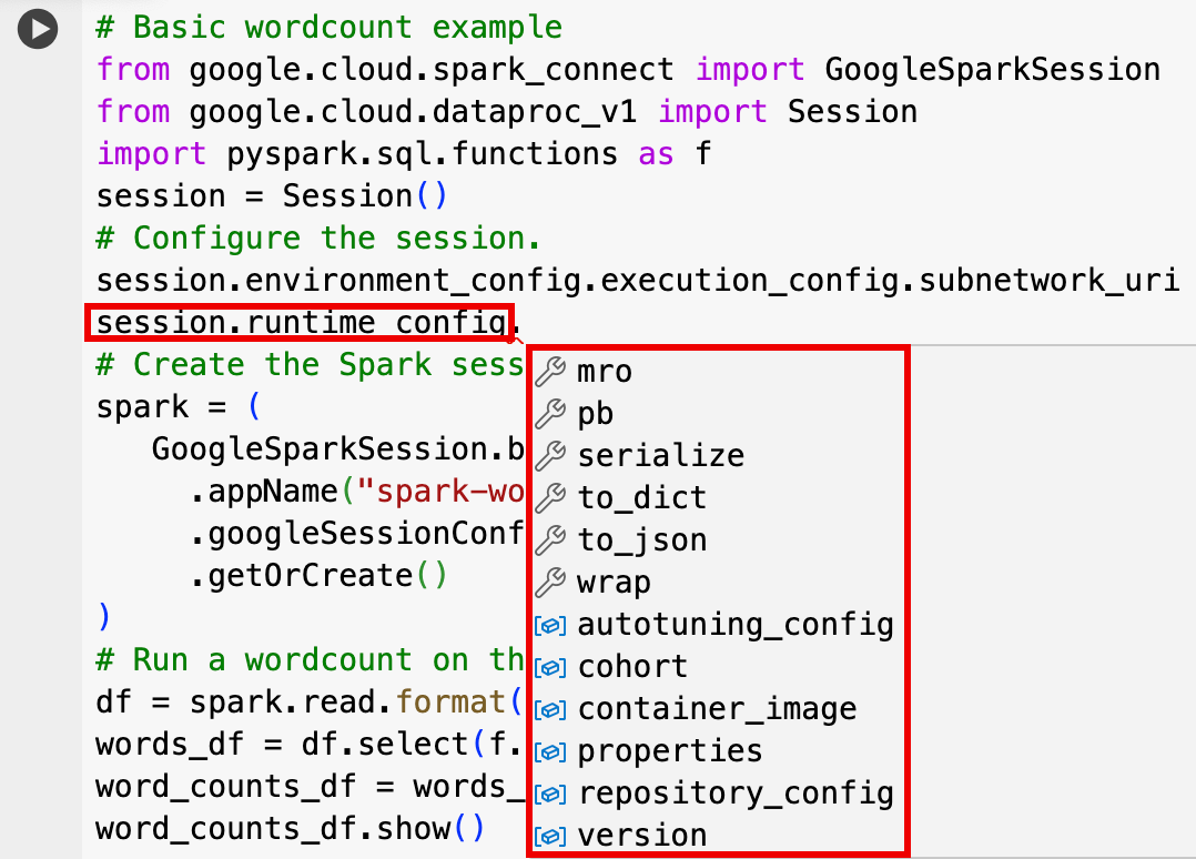 程式碼說明，顯示 session.runtime.config 選項。