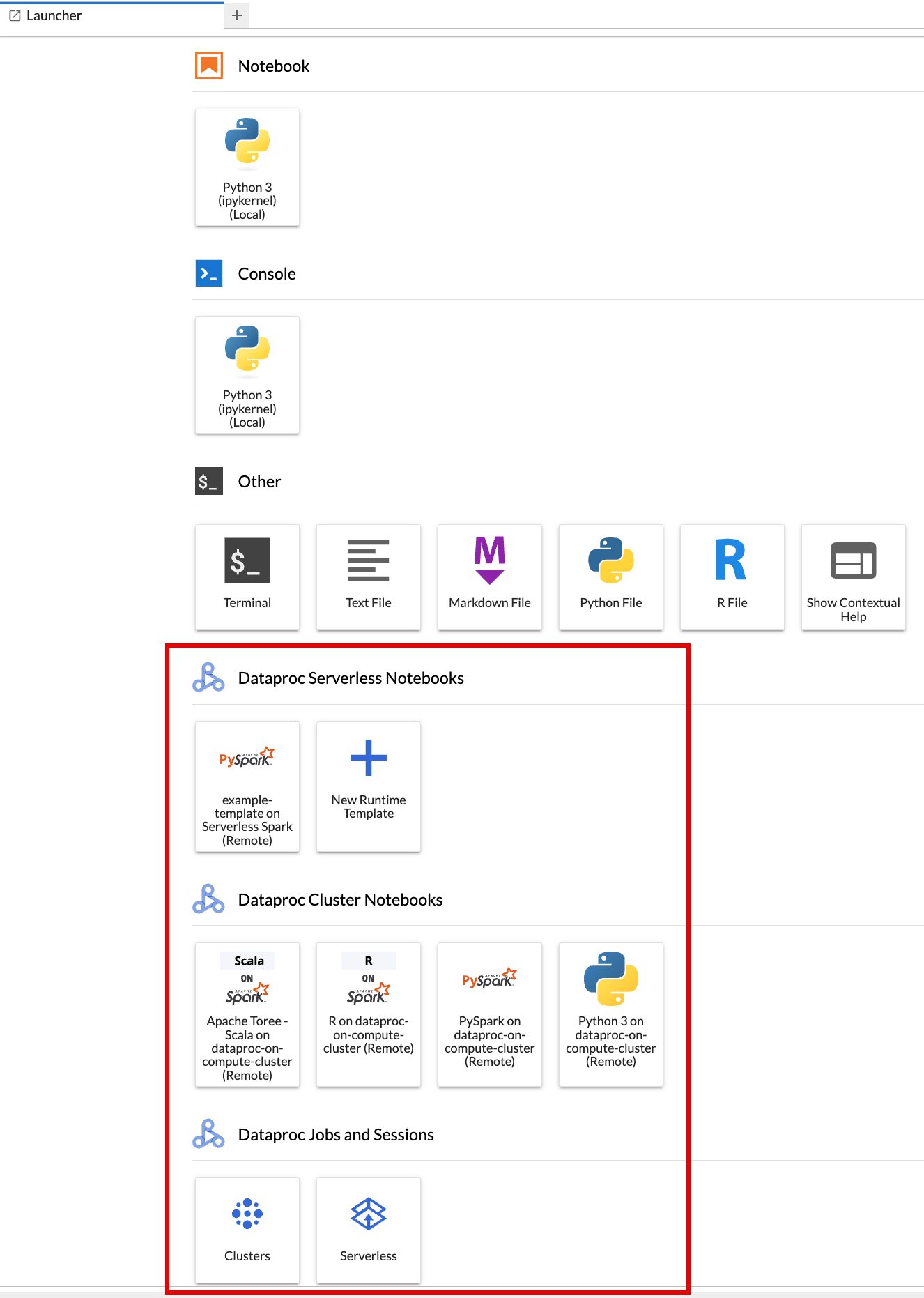 Browserseite für den JupyterLab-Launcher