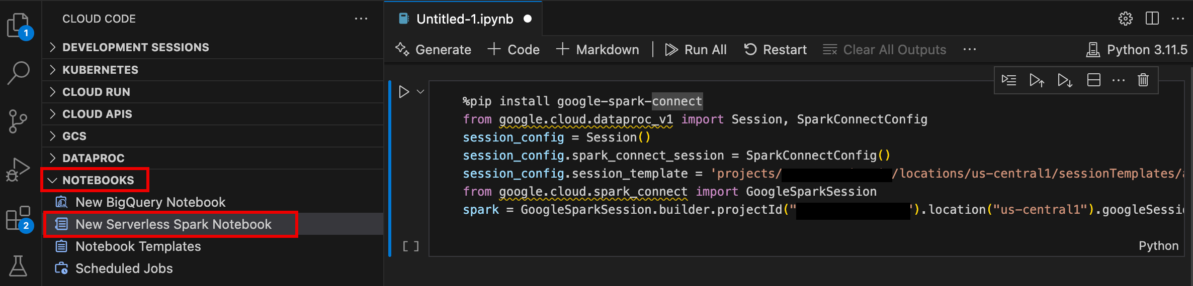 VS Code 콘솔의 새 Serverless Spark 노트북