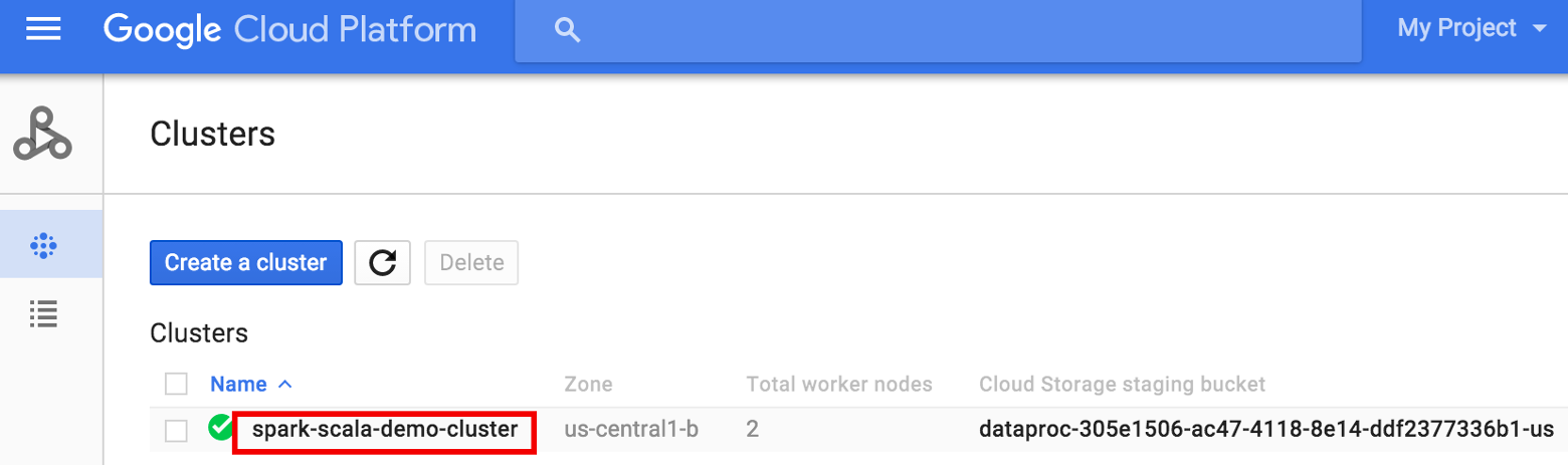 Cloud 控制台中的 Dataproc 叢集頁面。