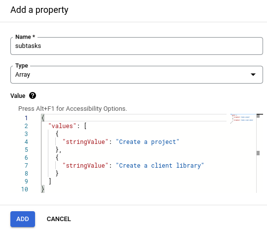 Exemplo de JSON válido para uma propriedade de matriz.