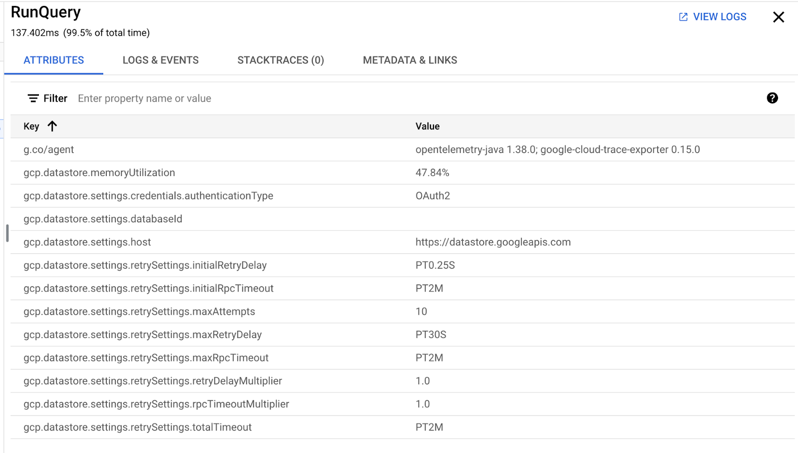 Valores de atributos de un intervalo de seguimiento que se ve desde Cloud Trace.