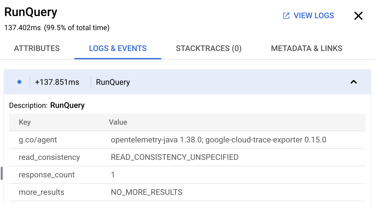 Registro de eventos de un intervalo de seguimiento que se ve desde Cloud Trace.