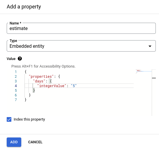 An example of valid JSON for an embedded entity property