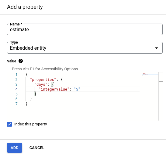 Exemplo de JSON válido para uma propriedade de entidade incorporada