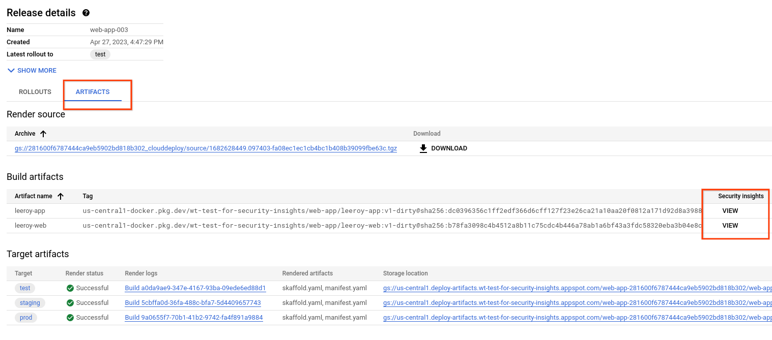 Release details artifacts tab, with link to view security insights.
