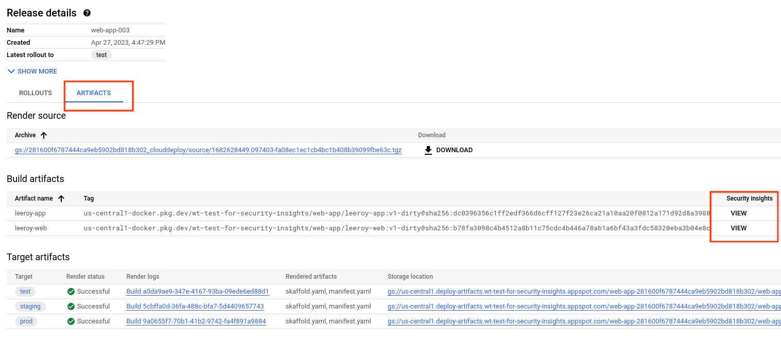 Tab artefak detail rilis, dengan link untuk melihat insight keamanan.