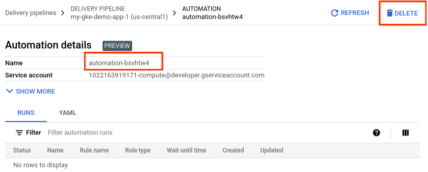 Automatisation dans la console Google Cloud , affichant le bouton de suppression
