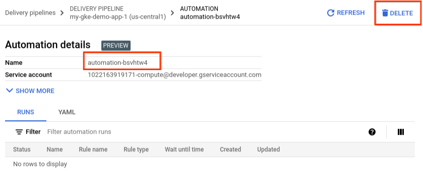 Automation in Google Cloud console, showing delete button