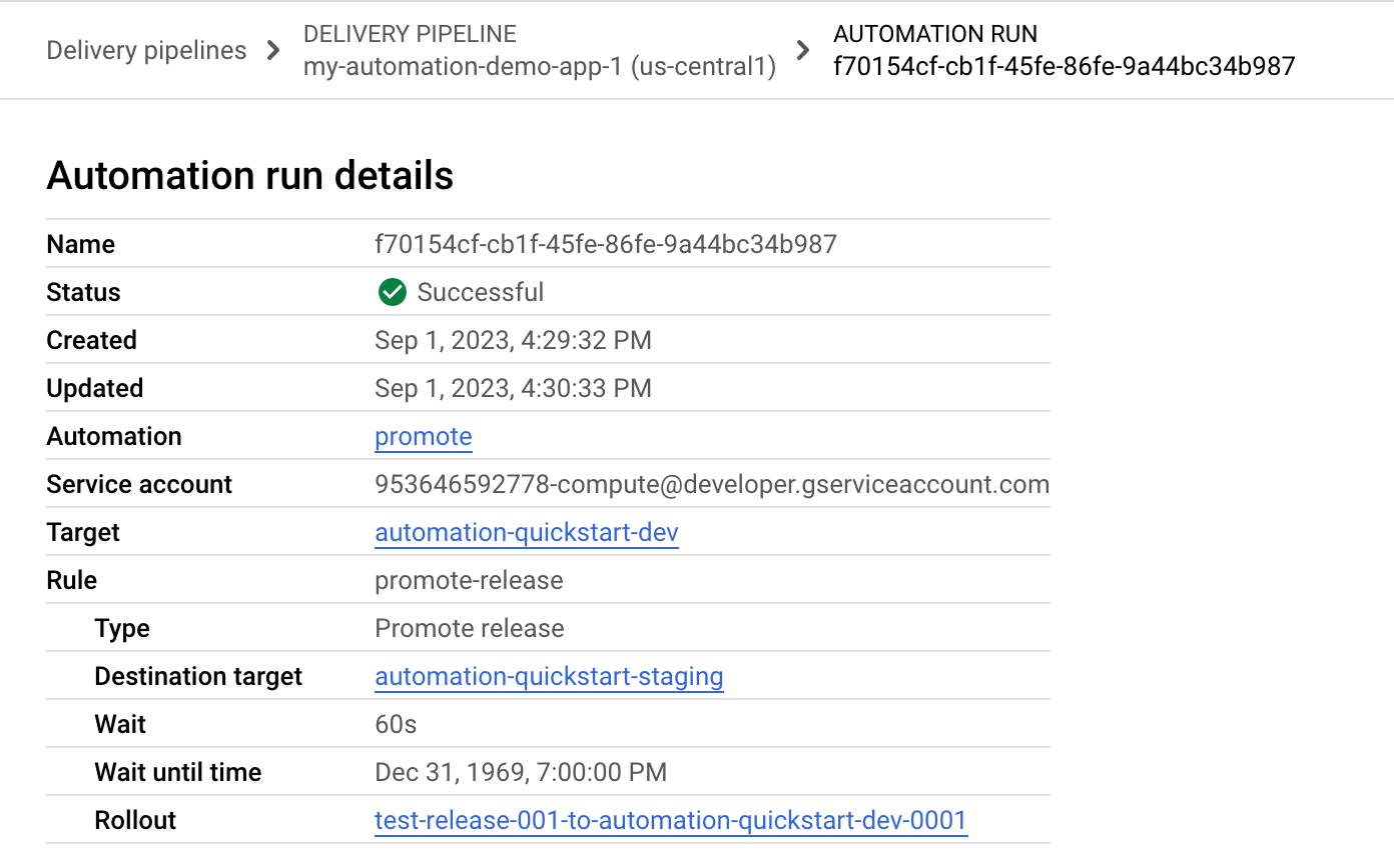 automation run details shown in Google Cloud console