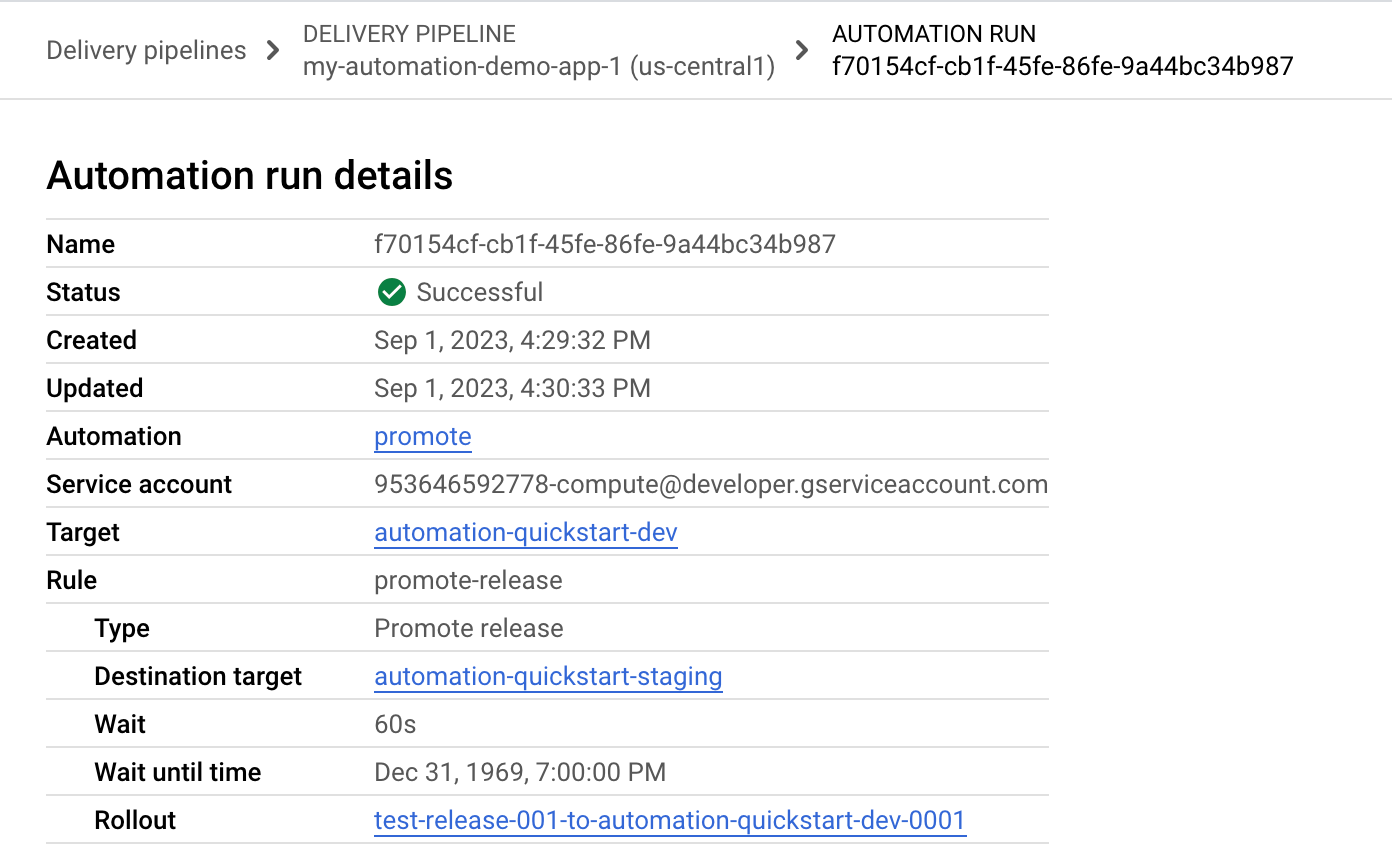 detalles de la ejecución de automatización que se muestran en la consola de Google Cloud