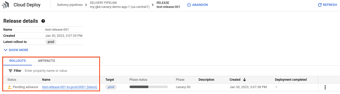 de lanzamientos en la consola de Google Cloud