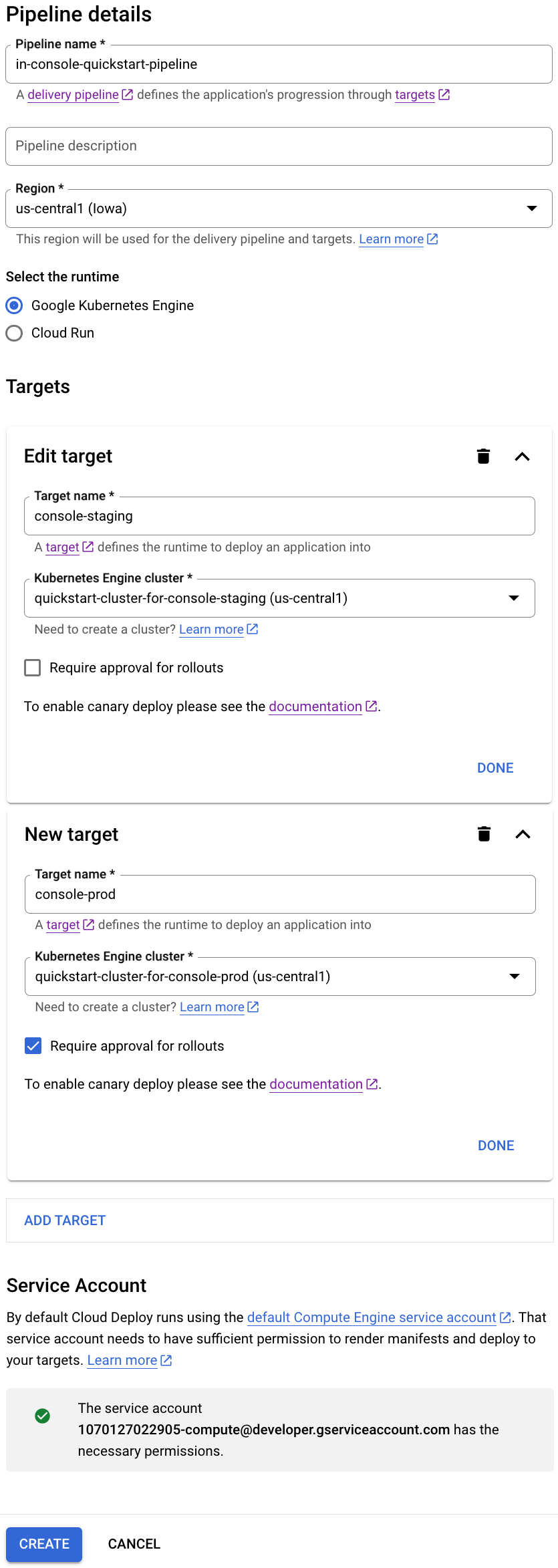 Google Cloud 콘솔의 Cloud Deploy 기본 페이지 