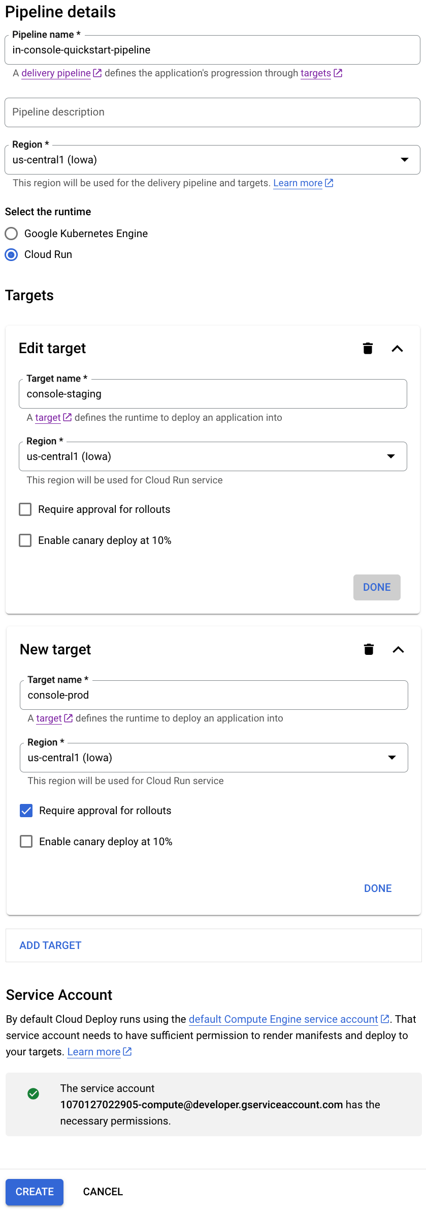 Page principale de Cloud Deploy dans la console Google Cloud 