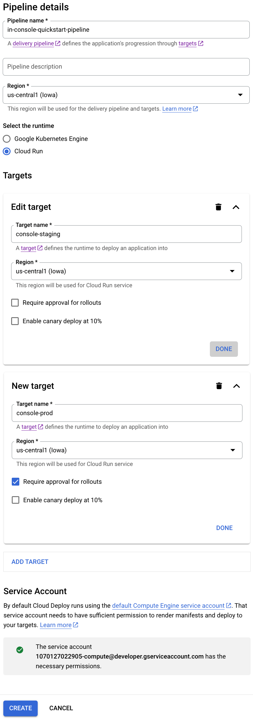 Google Cloud コンソールの Cloud Deploy メインページ