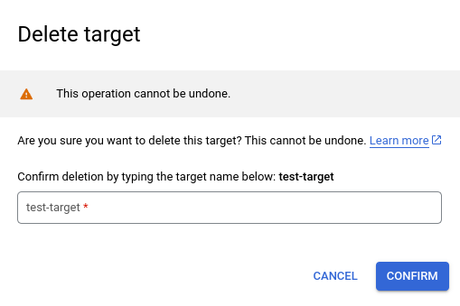 The delete target dialog