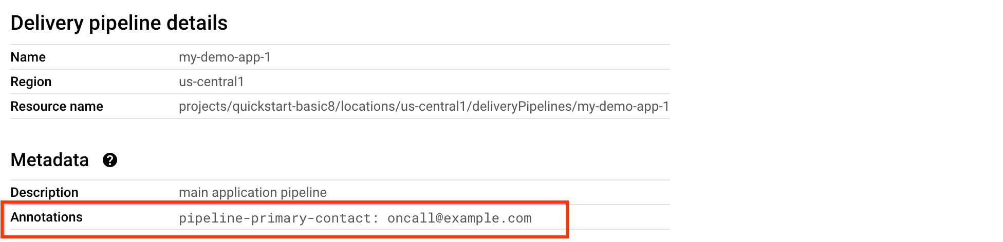 Detalhes do pipeline de entrega no console do Google Cloud 