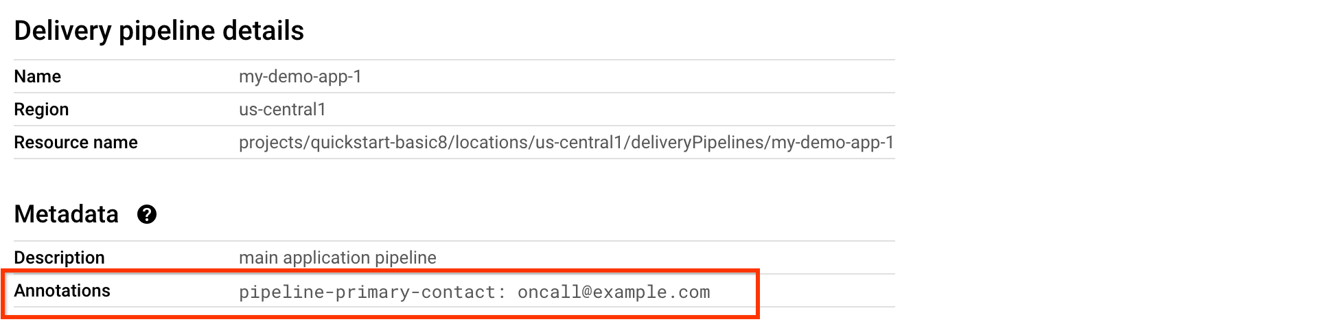 Delivery pipeline details in Google Cloud console 
