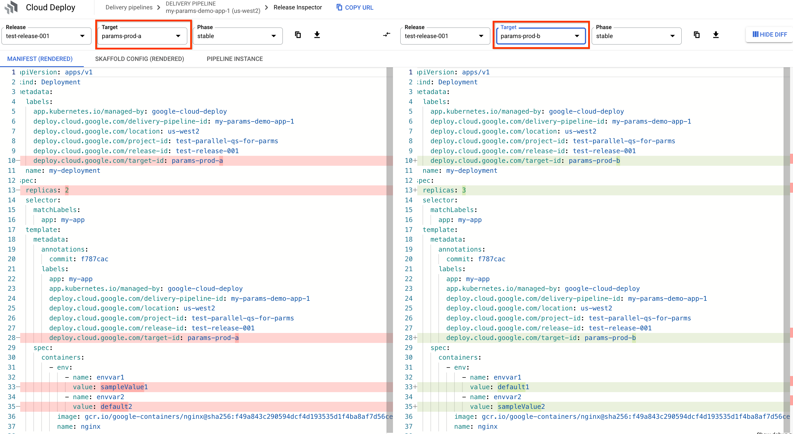 diff of the rendered manifests, with passed values