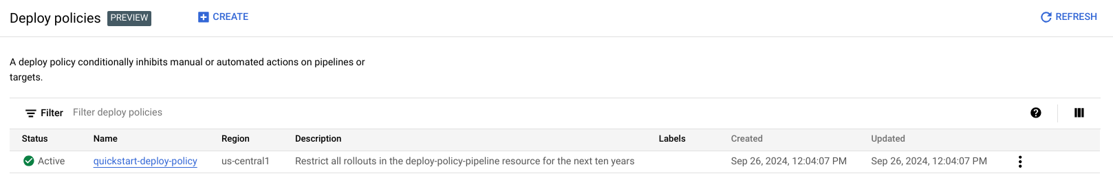 página de políticas de implementación en la consola de Google Cloud 