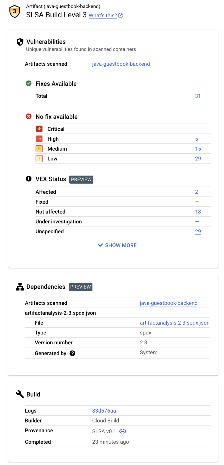 Bereich „Sicherheitsinformationen“ in der Google Cloud Console