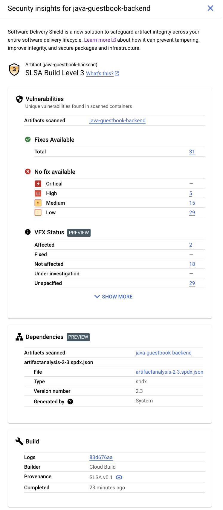 Panneau "Insights sur la sécurité" dans la console Google Cloud