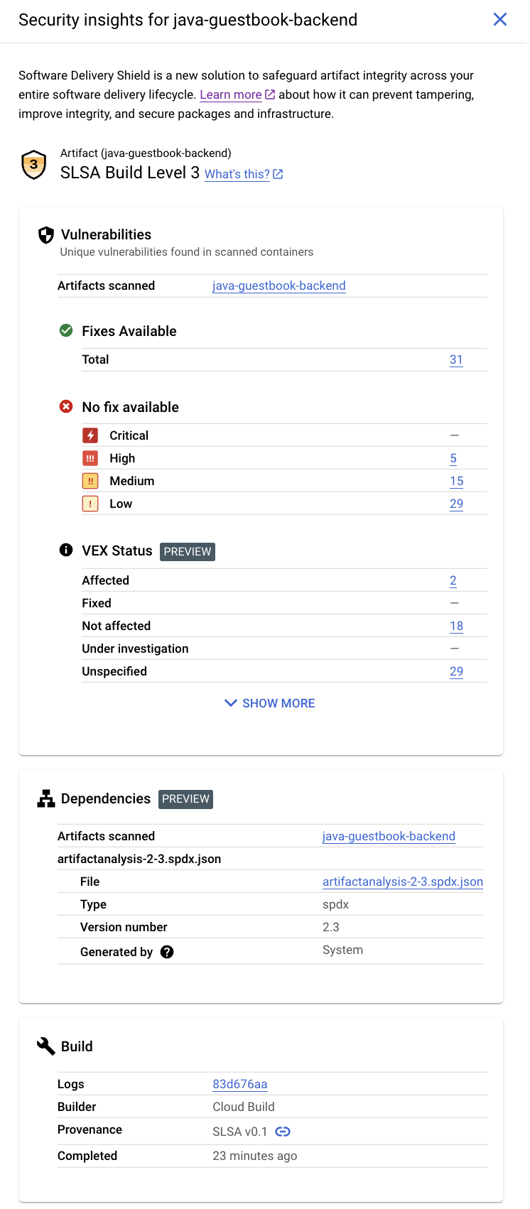 The security insights panel in Google Cloud console