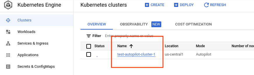 liste des clusters dans la console Google Cloud