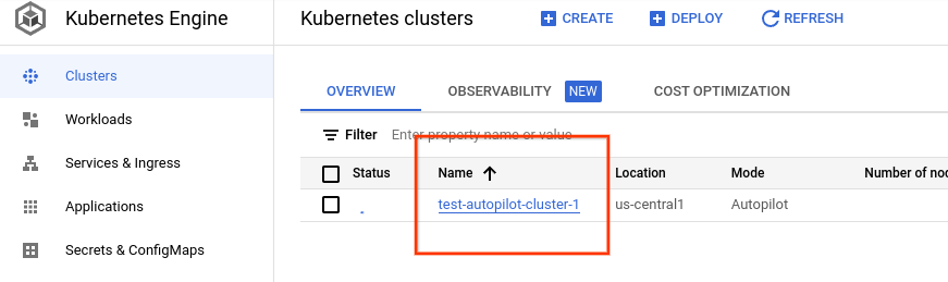  Google Cloud 控制台的叢集清單