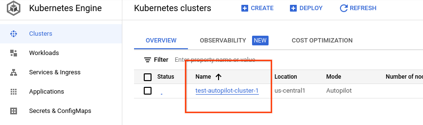 lista de clusters no console do Google Cloud