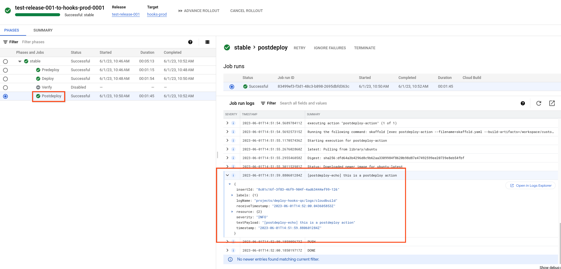 Log für den Postdeploy-Job