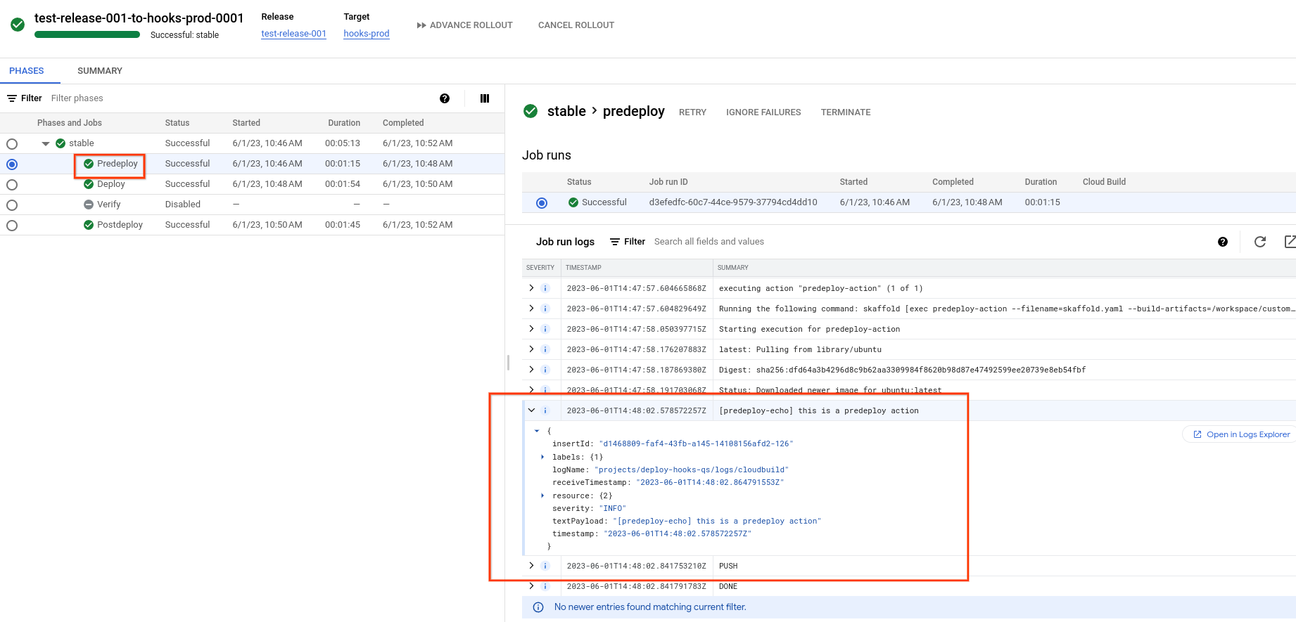 Log für den Predeploy-Job