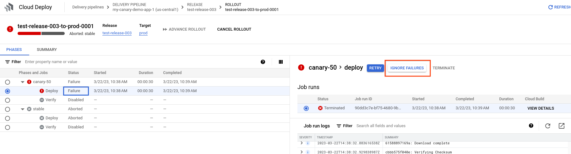 Um job com falha, pronto para ser ignorado, no console Google Cloud 