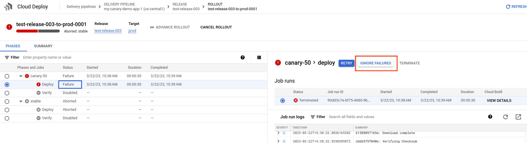 A failed job, ready to be ignored, in Google Cloud console 