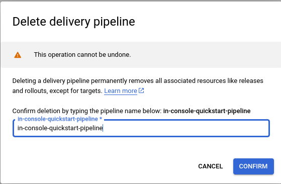 Confirmation dialog to delete pipeline and child resources. target