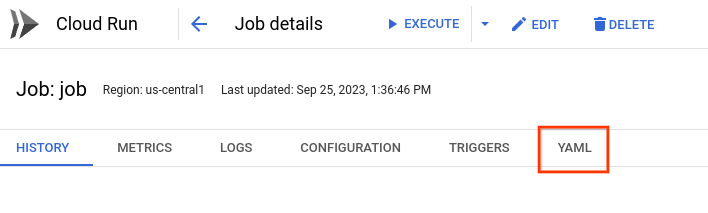 página de detalhes do job no console do Google Cloud, mostrando a guia YAML 