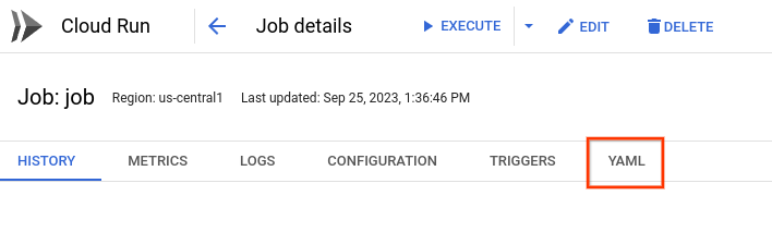 工作詳細資料頁面
Google Cloud 控制台，顯示 YAML 分頁標籤 