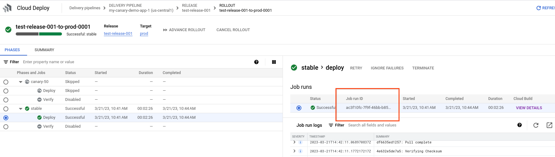 Jobausführungs-ID in den Roll-out-Details in der Google Cloud Console 