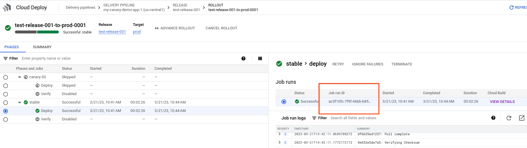 Google Cloud コンソールのロールアウトの詳細に表示されるジョブ実行 ID 