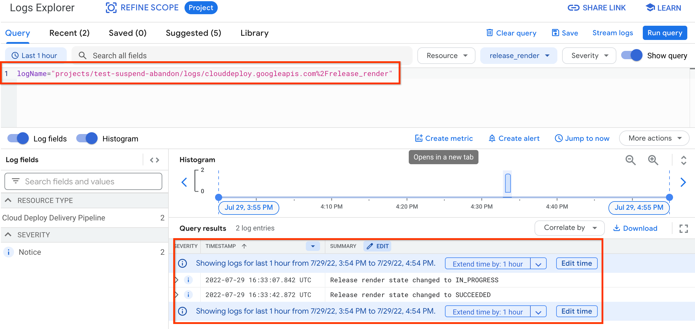 Resultados de la búsqueda de registros de la plataforma de Google Cloud Deploy